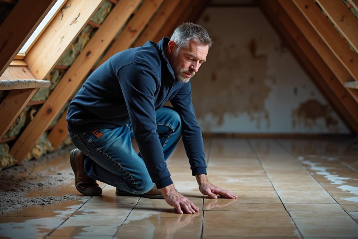 Homme inspectant une tache d'humidite au plafond d'un grenier