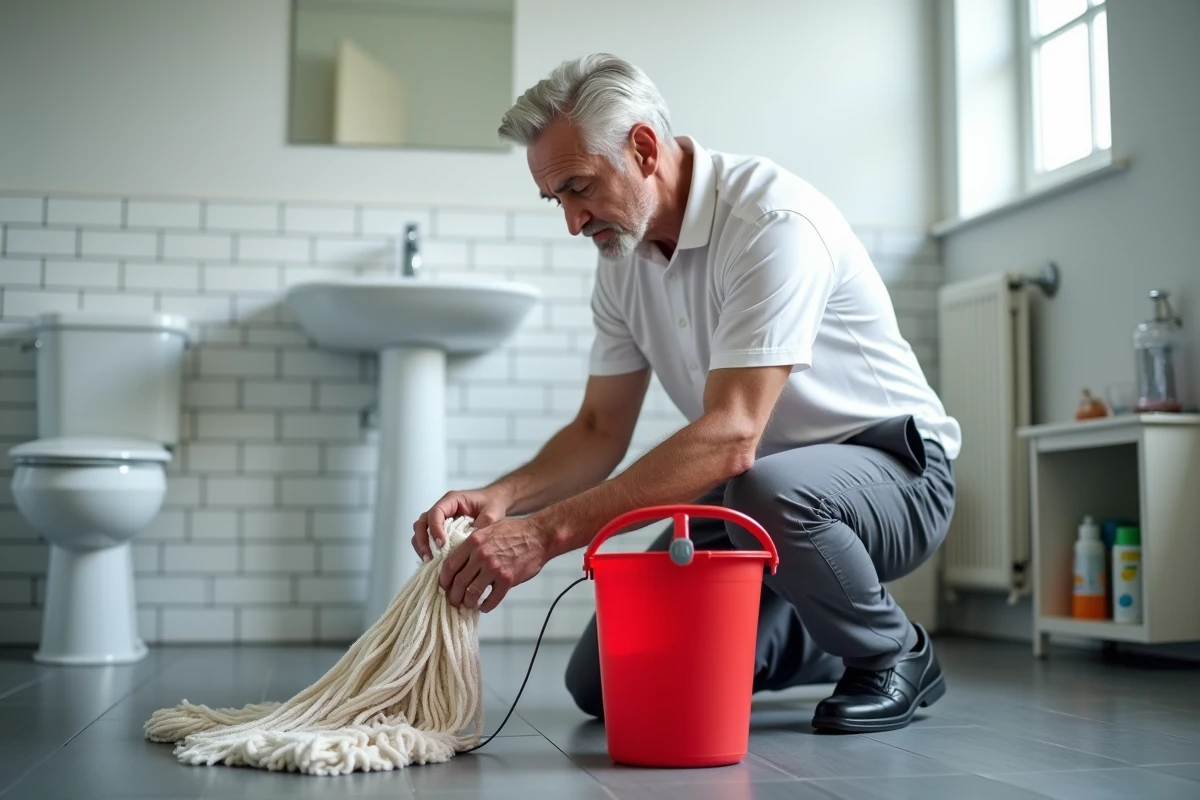 Homme inspectant la tête de serpillière essoreuse dans une salle de bain pour vérifier l'hygiène du nettoyage