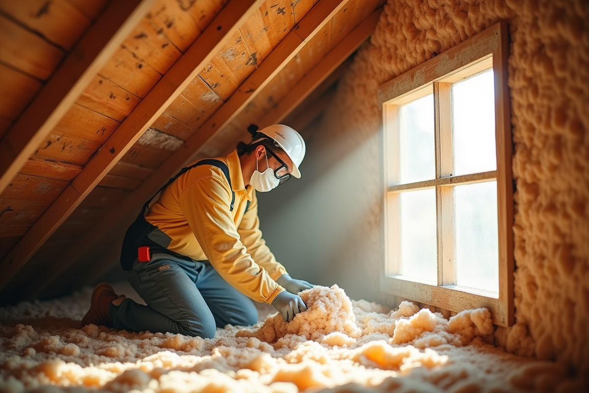 Ouvrier en équipement de protection installant de la cellulose dans un grenier