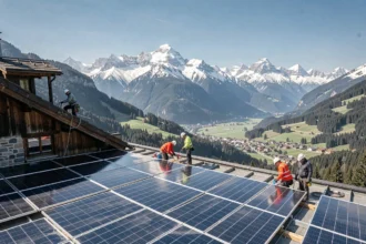 Équipe d'installateurs de panneaux solaires sur un toit de chalet alpin en Haute-Savoie avec le massif du Mont Blanc en arrière-plan
