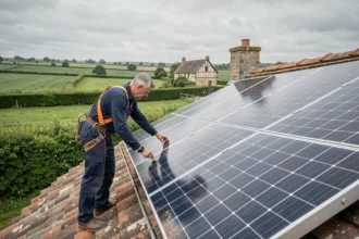 Deux installateurs de panneaux solaires posant des modules photovoltaïques sur le toit d'une ferme normande traditionnelle entourée de verdure