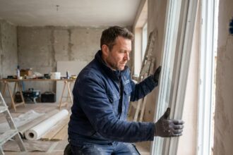Installateur posant une fenêtre PVC blanche dans un mur en cours de rénovation, illustration du choix de menuiserie pour article comparatif PVC alu bois