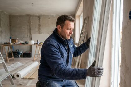 Installateur posant une fenêtre PVC blanche dans un mur en cours de rénovation, illustration du choix de menuiserie pour article comparatif PVC alu bois