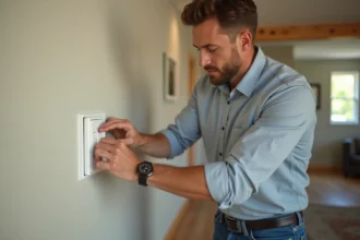 Homme moyenâgeux installant un interrupteur moderne dans un salon