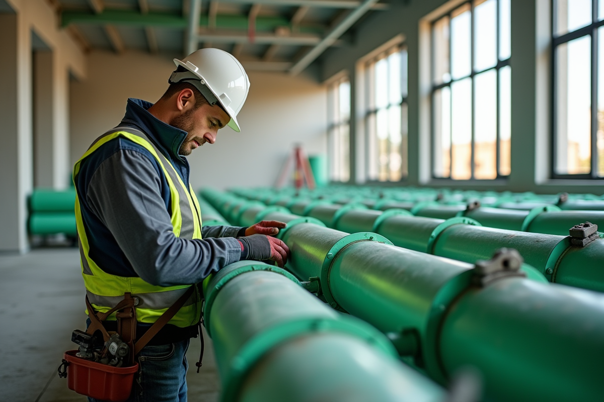 Plombier installant des tuyaux PPR verts dans un bâtiment en construction
