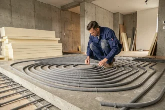 Technicien installant un plancher chauffant hydraulique sous une dalle en béton dans une maison en rénovation