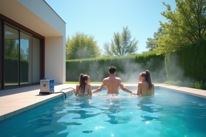 Famille profitant d'une piscine dans un jardin avec chauffage au gaz
