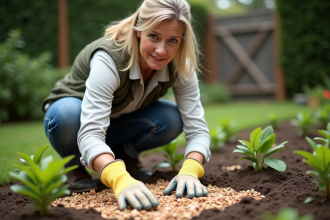 Femme en extérieur plantant dans un jardin bien entretenu