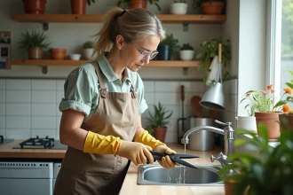 Femme jardinant nettoyant ses sécateurs avec une brosse
