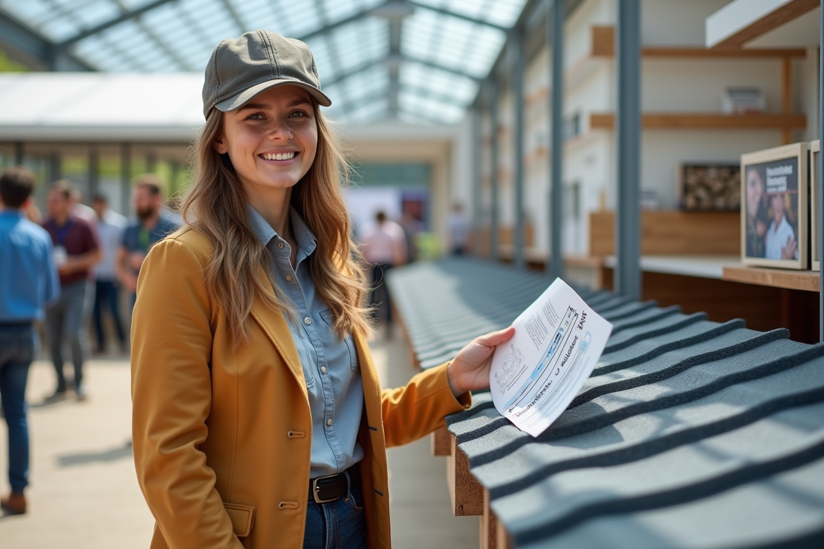 Jeune architecte expliquant un échantillon de toiture lors d