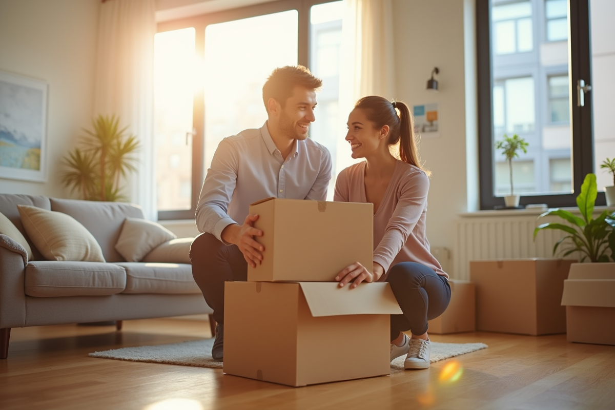 Jeune couple heureux emballant des cartons dans un salon lumineux