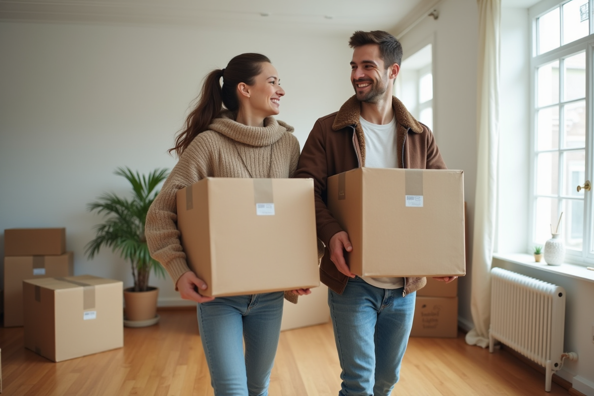 Jeune couple souriant avec cartons dans un appartement moderne