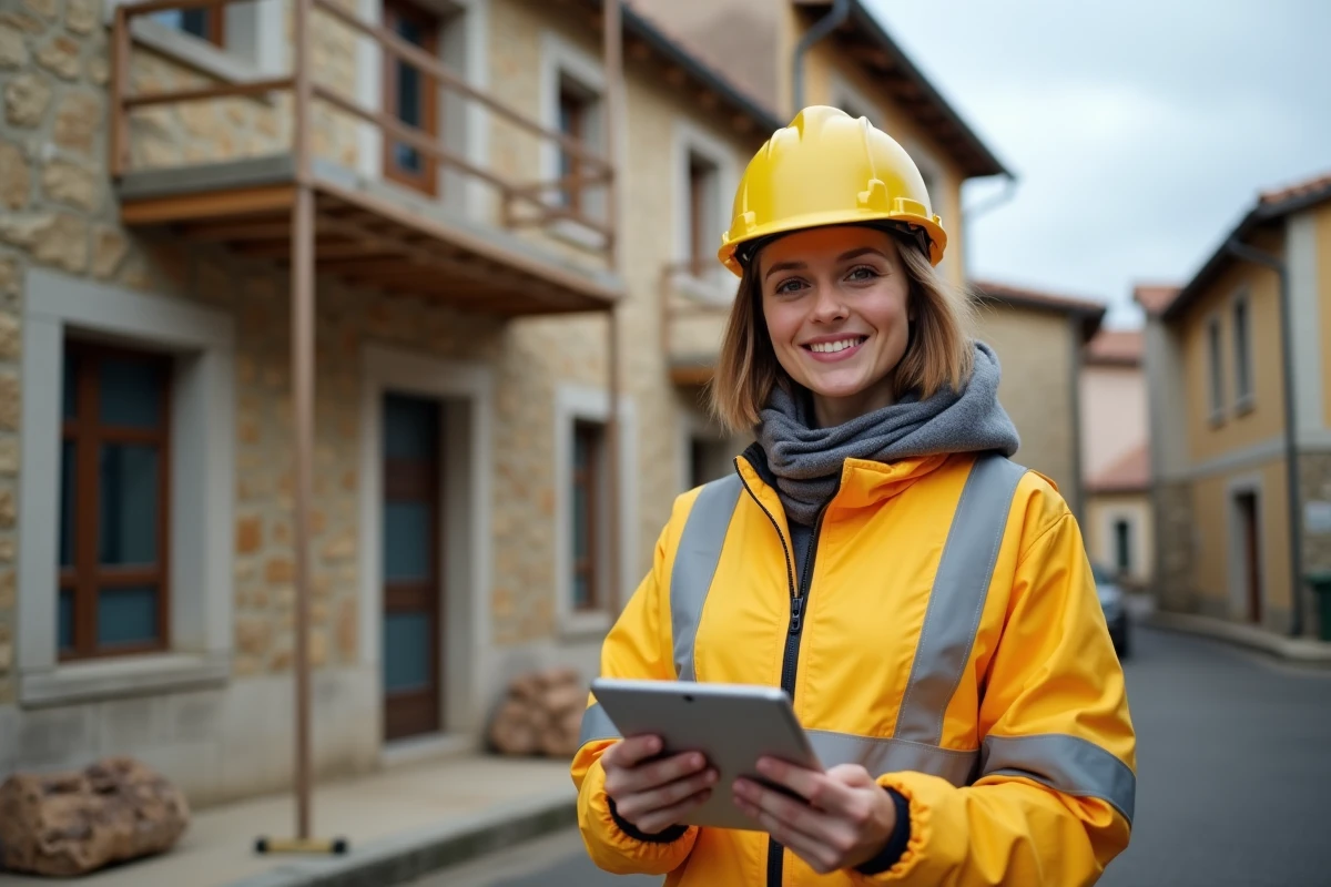 Jeune femme ouvrier en chantier dans un village ancien