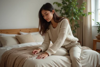 Jeune femme assise dans une chambre chaleureuse et cosy