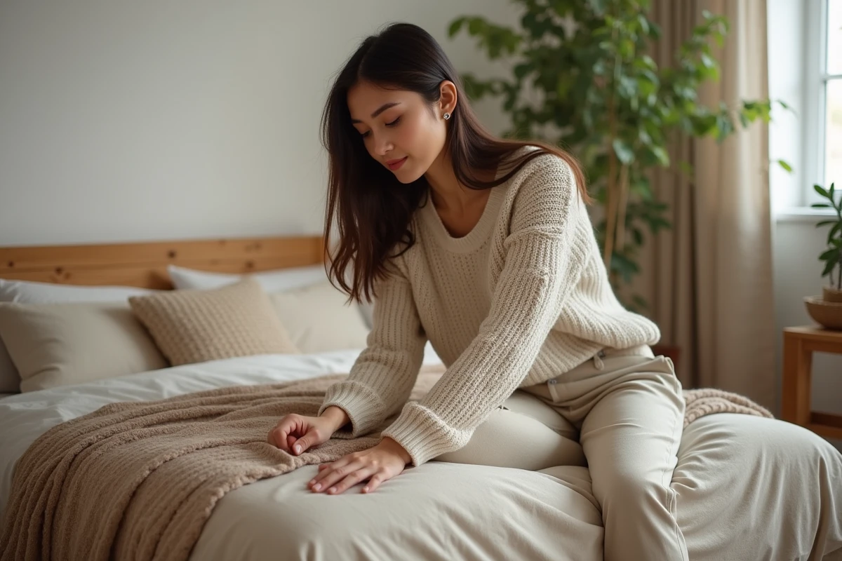 Jeune femme assise dans une chambre chaleureuse et cosy