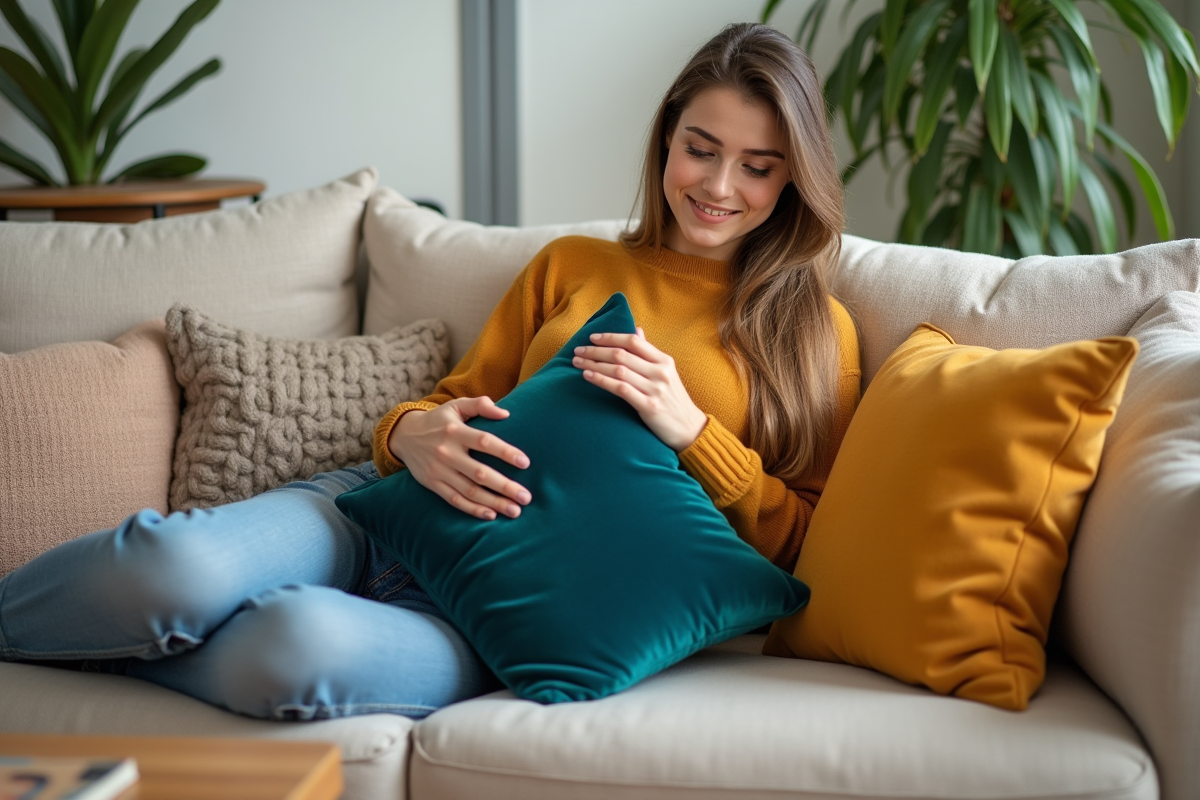 Jeune femme relaxant sur un canapé avec coussins colorés