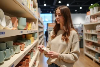 Jeune femme dans un magasin de cuisine colorée