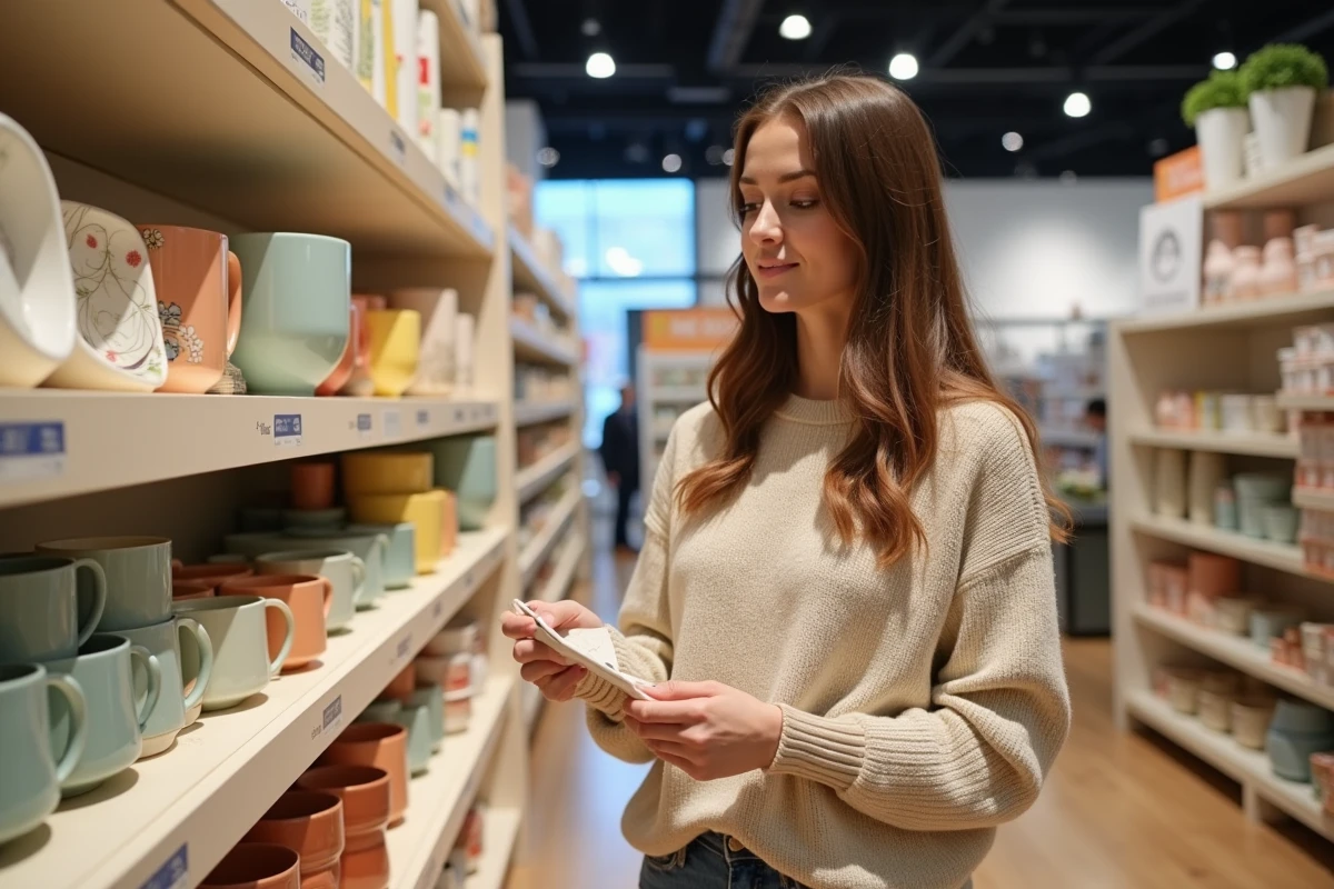 Jeune femme dans un magasin de cuisine colorée