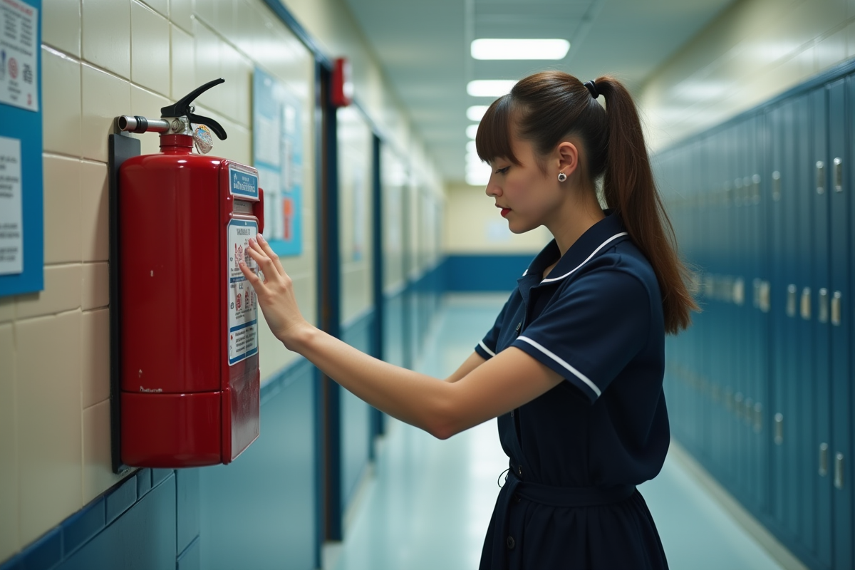 Jeune femme en uniforme lisant instructions d