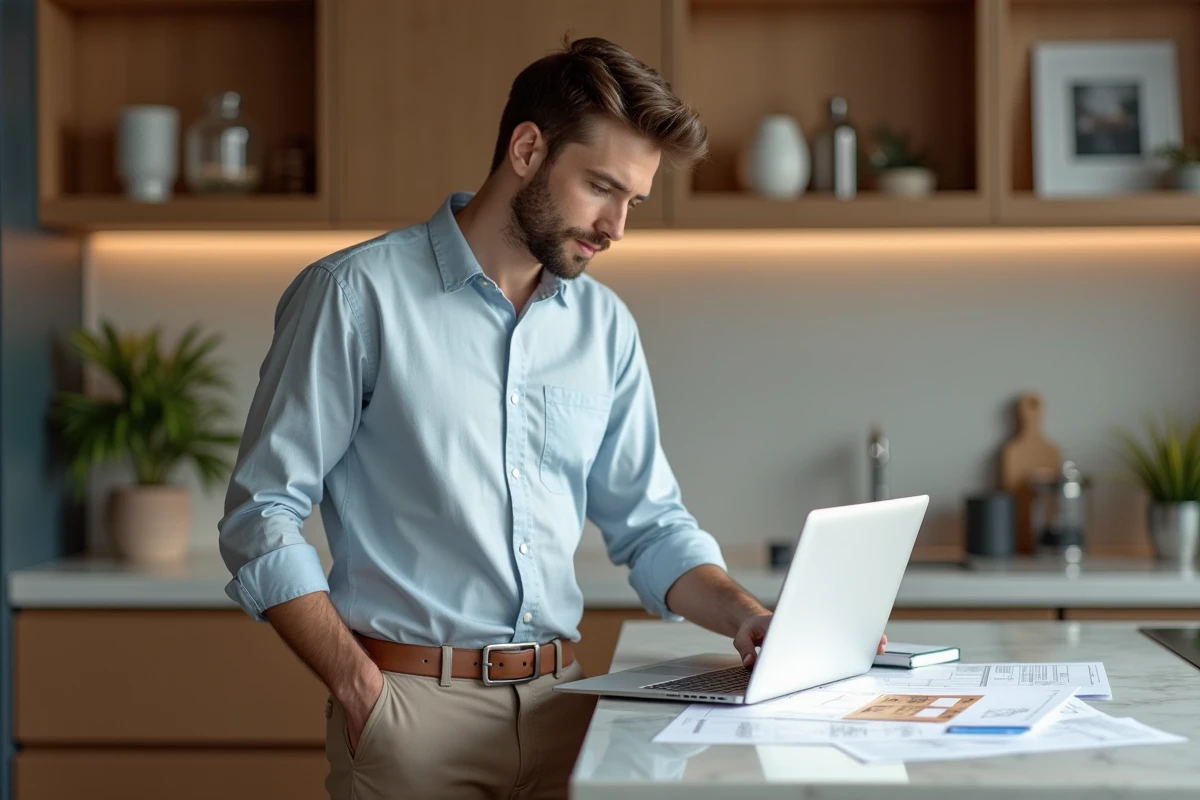 Jeune homme étudiant des esquisses dans une cuisine moderne