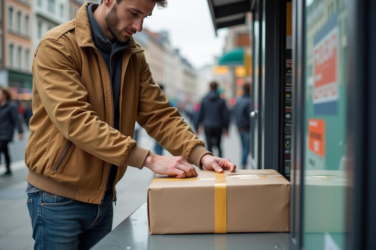 Jeune homme scellant un colis dans un kiosque urbain