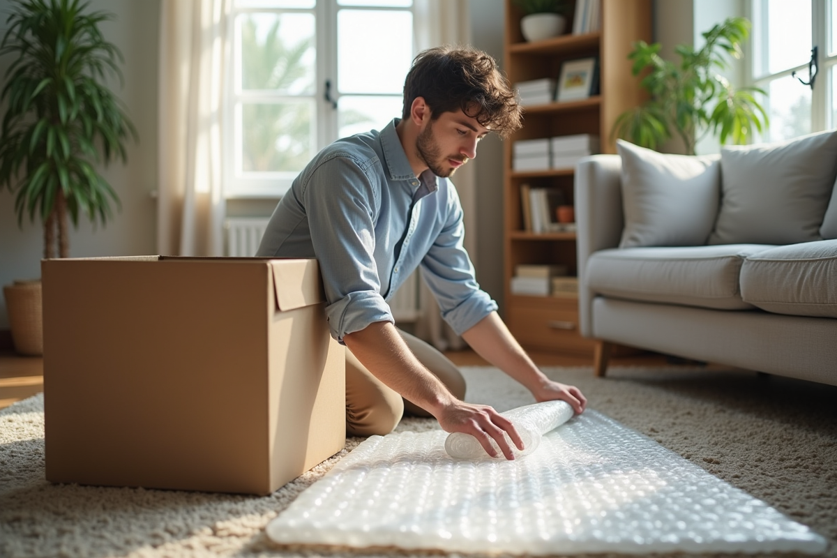 Jeune homme préparant un colis avec du papier bulle