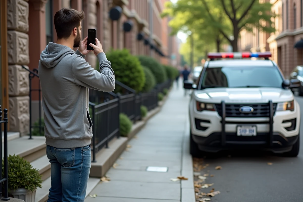 Jeune homme prenant en photo une voiture sur le trottoir