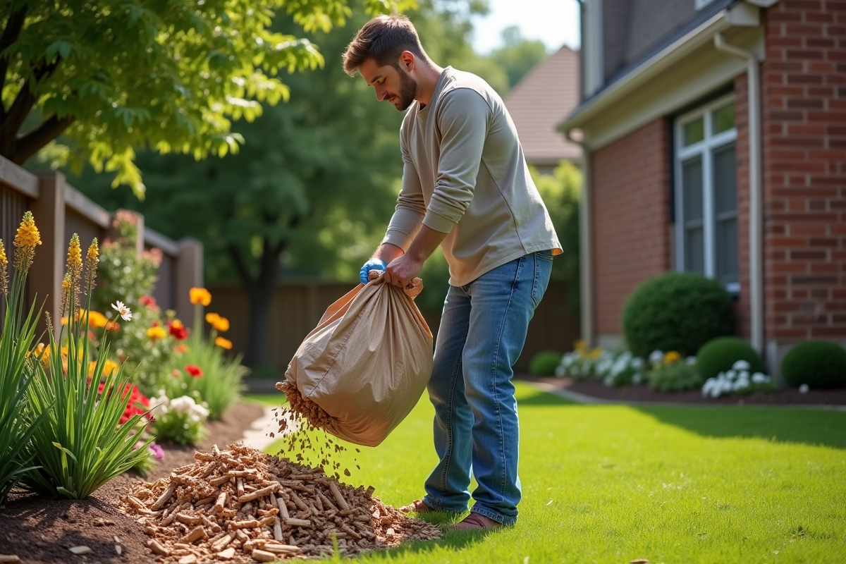Jeune homme versant des copeaux de bois dans un jardin