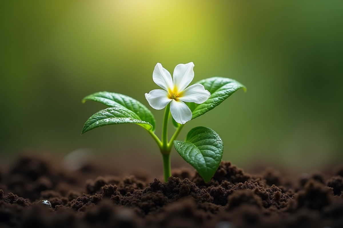 Jeune jasmine en sol riche en nutriments en gros plan