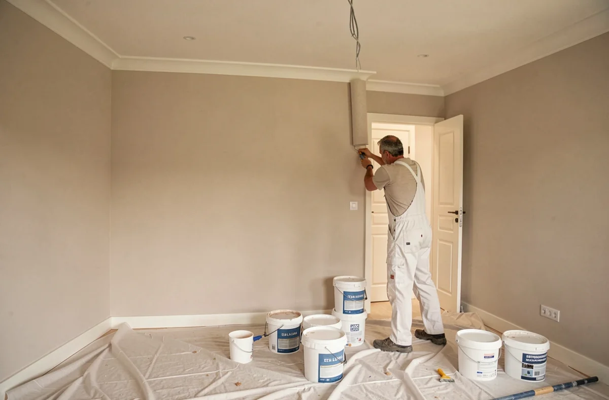 Deux peintres professionnels travaillant ensemble sur un chantier intérieur dans l'Oise