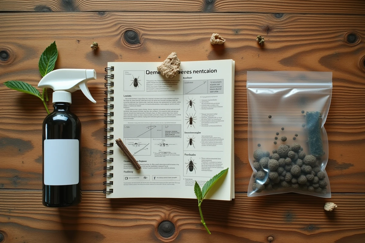 Vue de dessus d'un kit de traitement préventif contre les petits insectes noirs avec spray naturel et guide d'identification