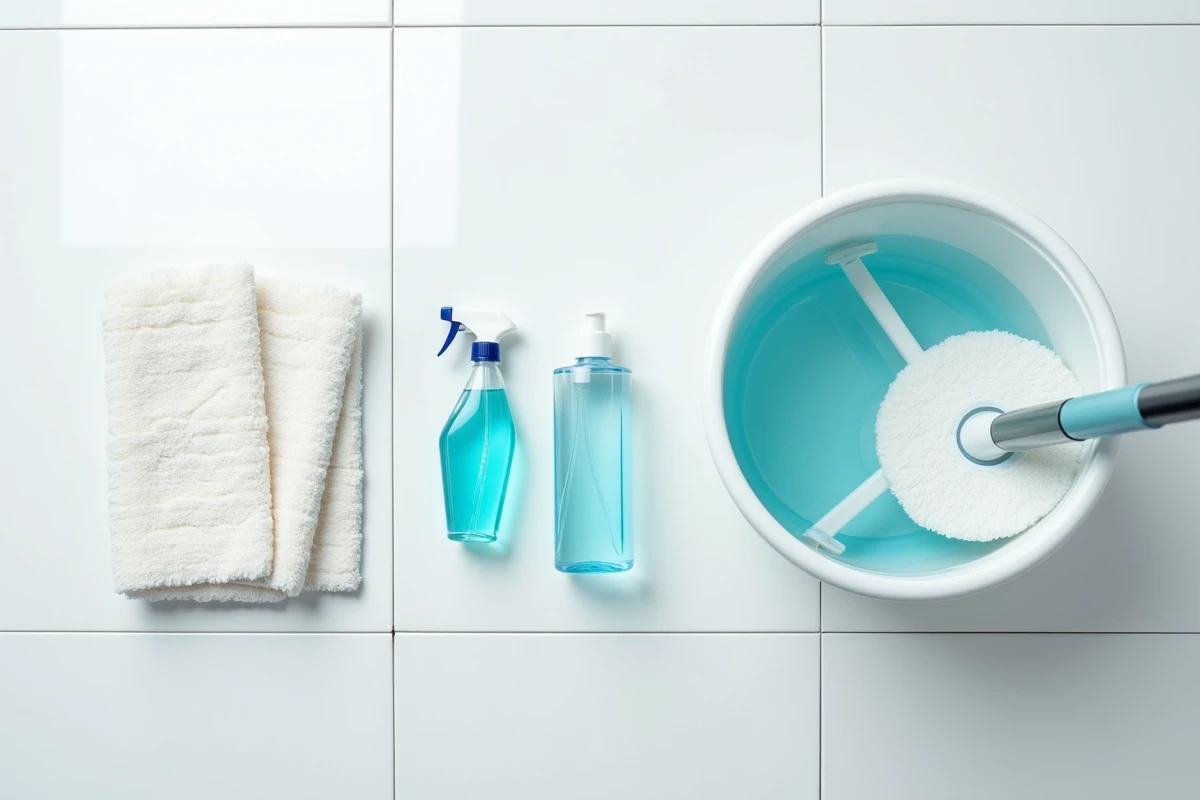 Vue de dessus d'un kit complet de serpillière essoreuse et produits désinfectants pour le nettoyage des sols