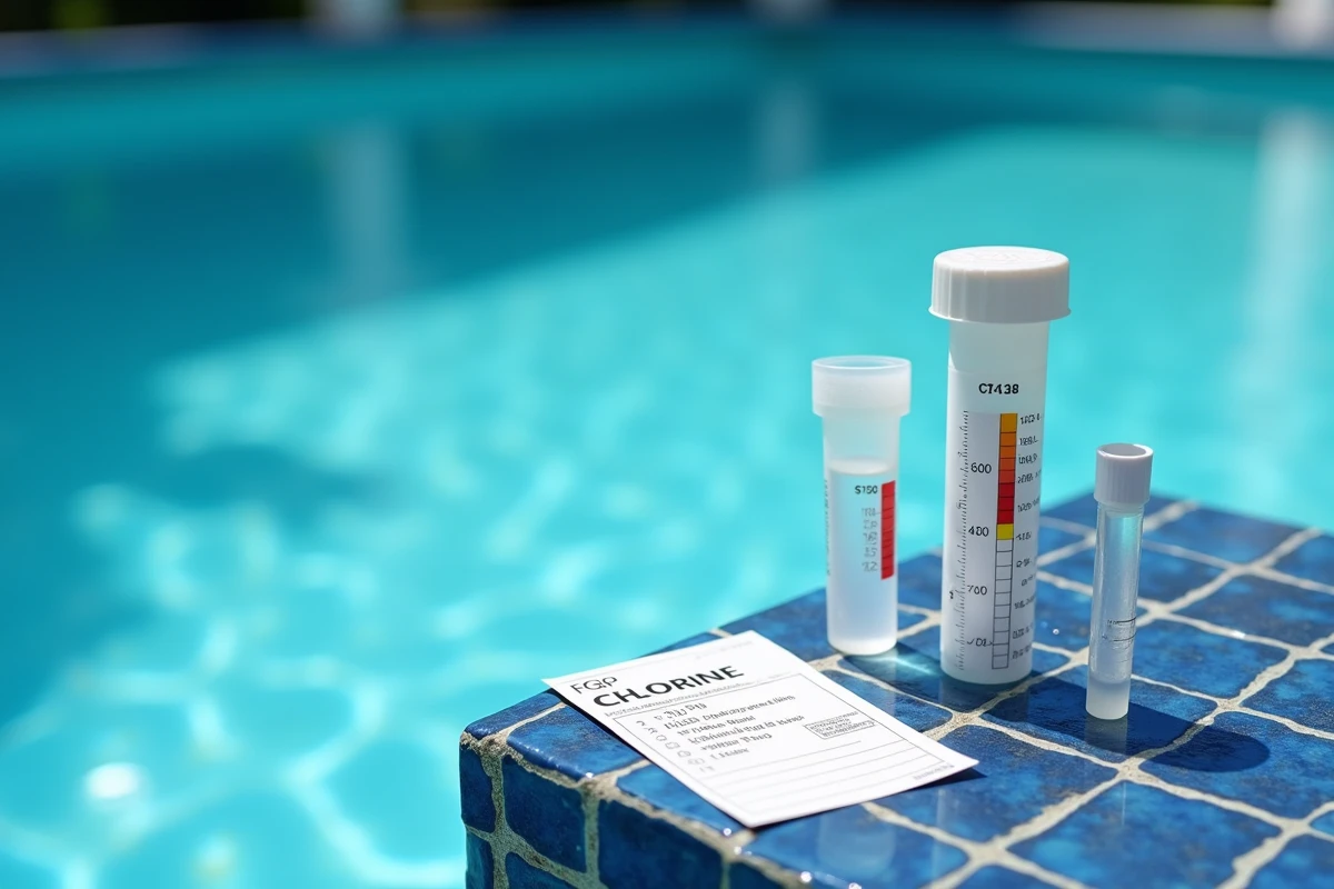 Kit de test du chlore et tableau de dosage par m³ posé sur le bord d'une piscine
