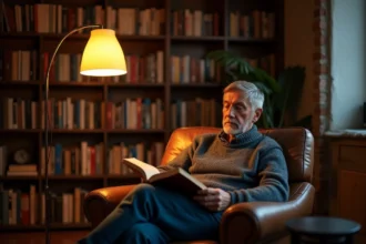 Lampe halogène sur pied allumée à côté d'un fauteuil en cuir dans un salon chaleureux avec bibliothèque en arrière-plan