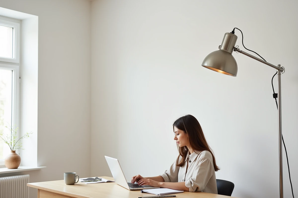 Lampe halogène torchère chromée dans un bureau à domicile scandinave avec femme travaillant sur ordinateur portable