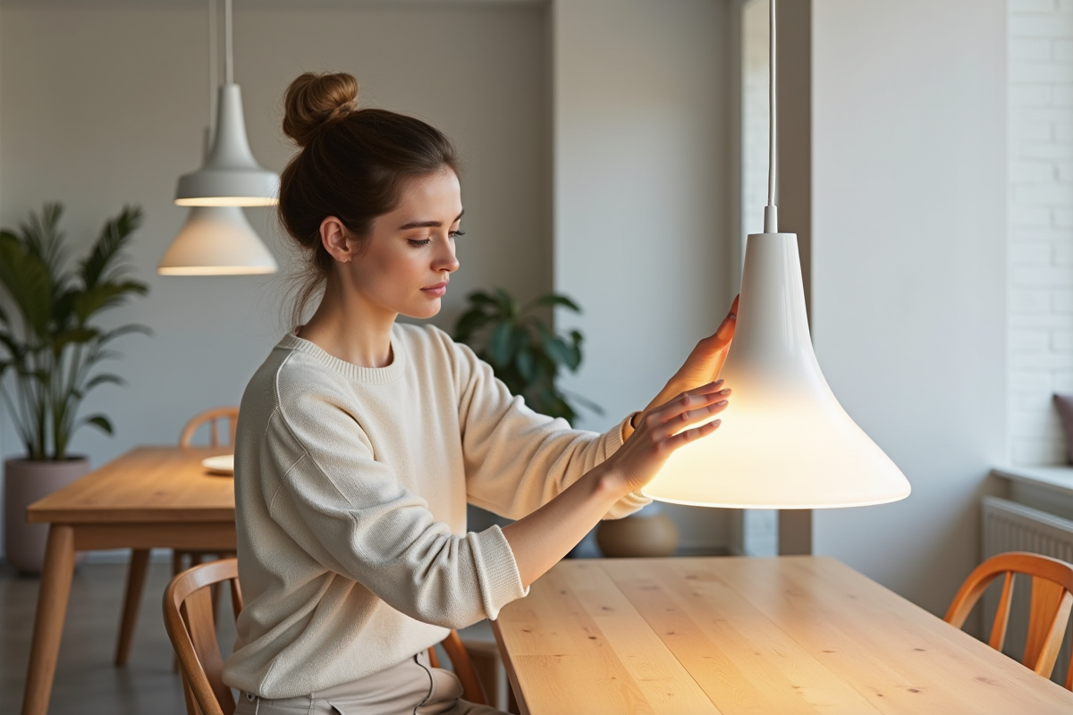 Femme ajustant une lampe suspendue moderne dans un salon contemporain