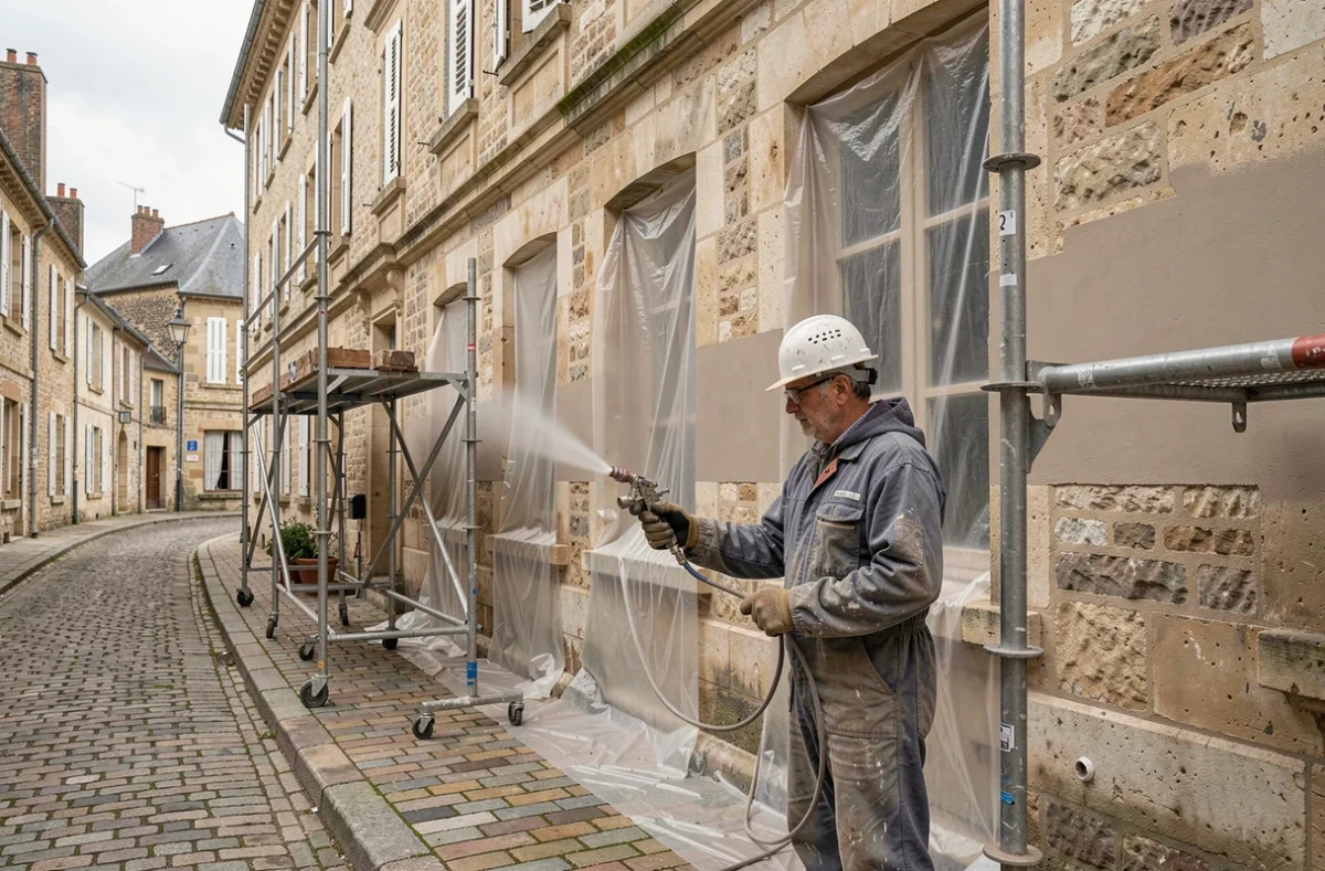 Peintre en ravalement appliquant un enduit de façade sur un bâtiment en pierre dans la Sarthe
