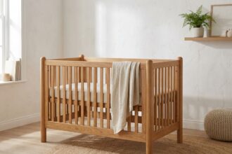 Lit bébé en bois naturel dans une chambre de bébé décorée avec soin dans un style scandinave épuré