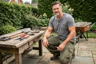 Homme organisant des outils de jardinage loués pour la journée sur une terrasse en pierre avec un jardin verdoyant en arrière-plan