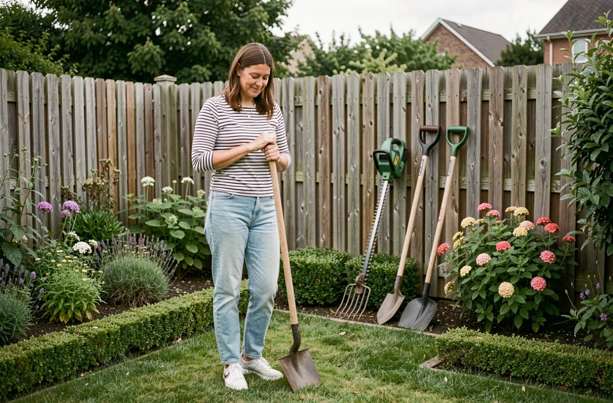 Femme utilisant des outils de jardinage loués à la journée dans un jardin résidentiel soigné avec des massifs fleuris