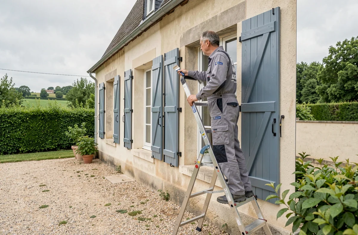Peintre en bâtiment peignant les volets d'une maison de campagne en Loire-Atlantique