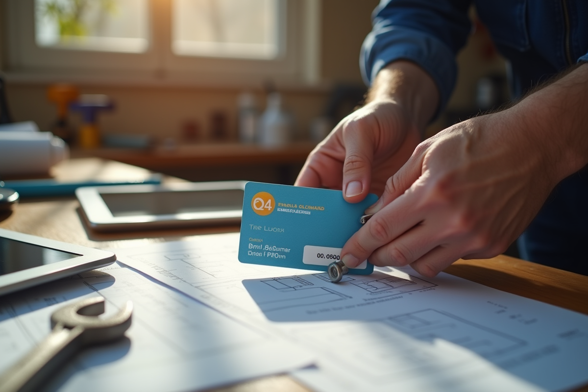 Mains tenant une licence plomberie et une clé sur un plan de travail