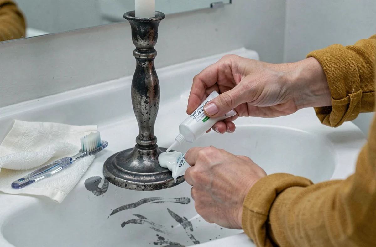 Gros plan de mains appliquant du dentifrice sur un chandelier en argent noirci au-dessus d'un lavabo de salle de bain