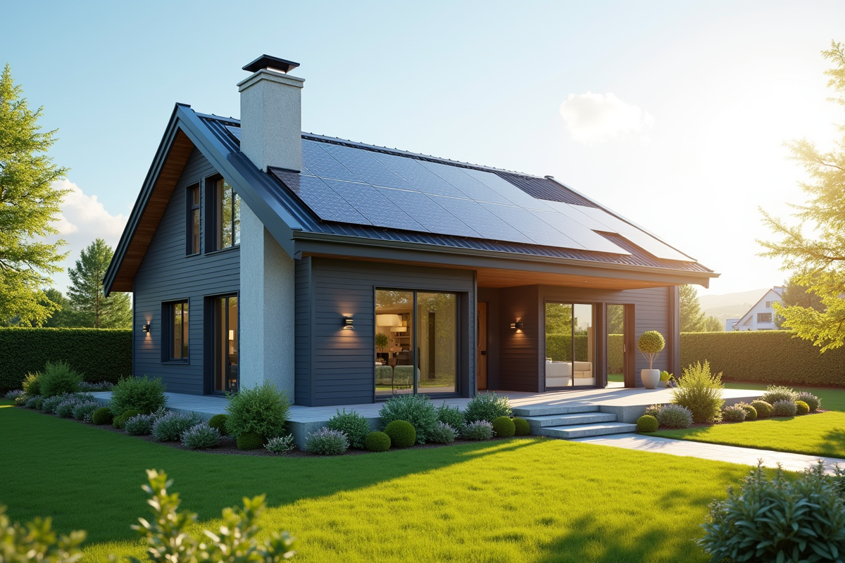 Maison avec panneaux solaires et pompe a chaleur geothermique