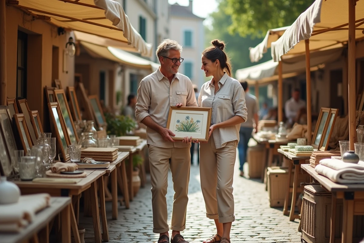 Couple choisissant des objets de décoration vintage et durables dans un marché aux puces en plein air pour un intérieur éco-responsable