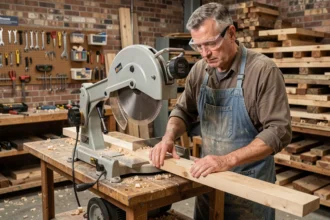 Menuisier professionnel utilisant une scie radiale dans un atelier de menuiserie authentique