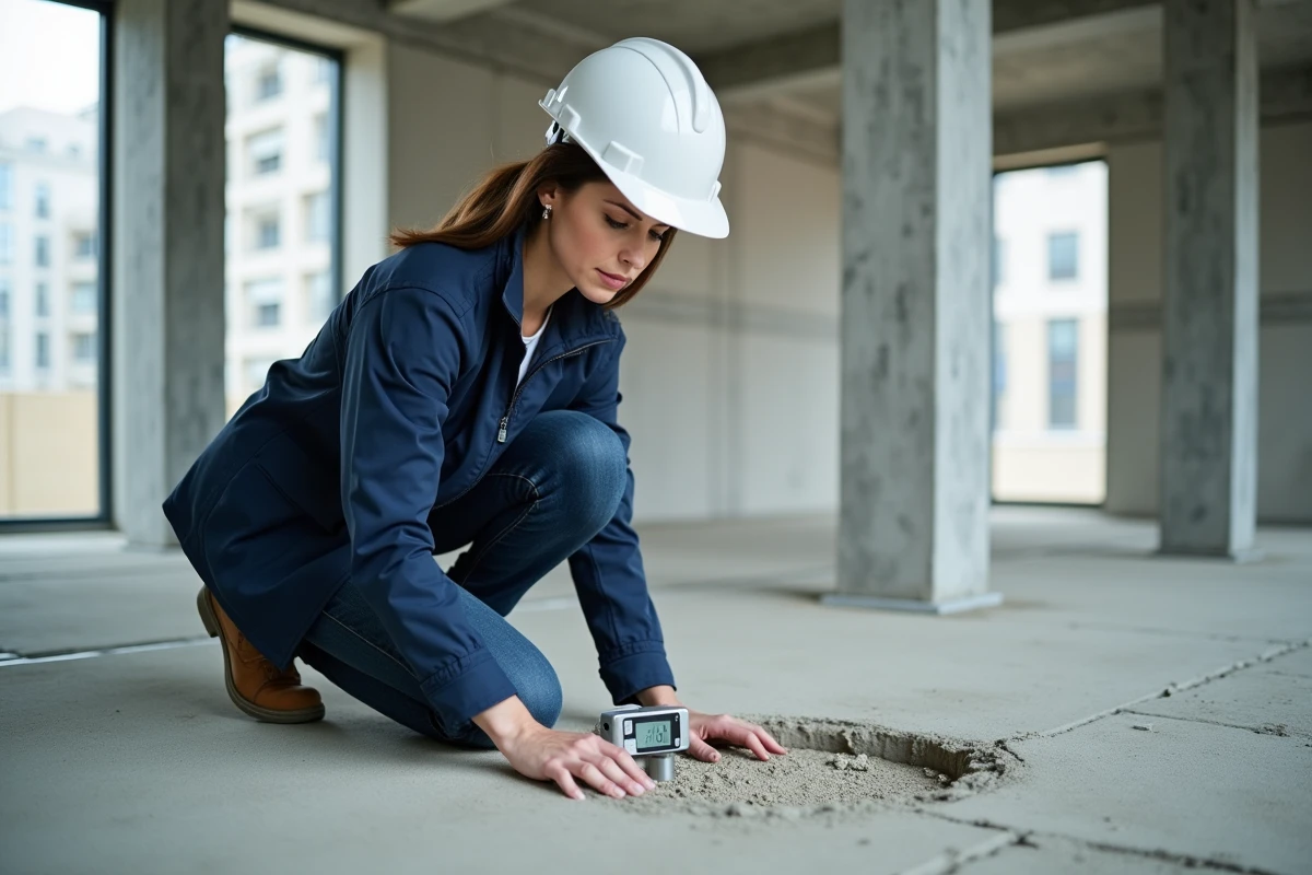 Conductrice de travaux mesurant l'épaisseur de la chape sur un plancher chauffant en construction