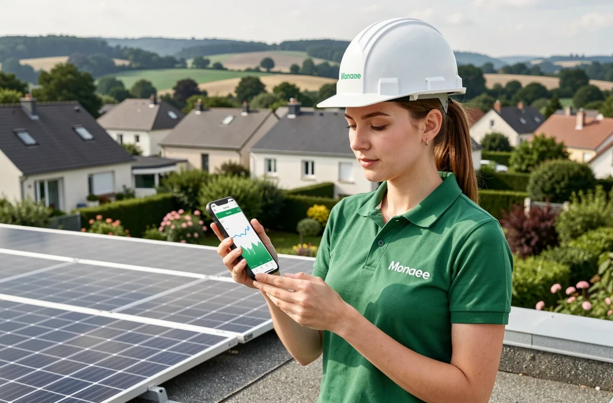 Spécialiste Monabee vérifiant les données d'autoconsommation sur smartphone près d'une installation solaire résidentielle depuis Dardilly