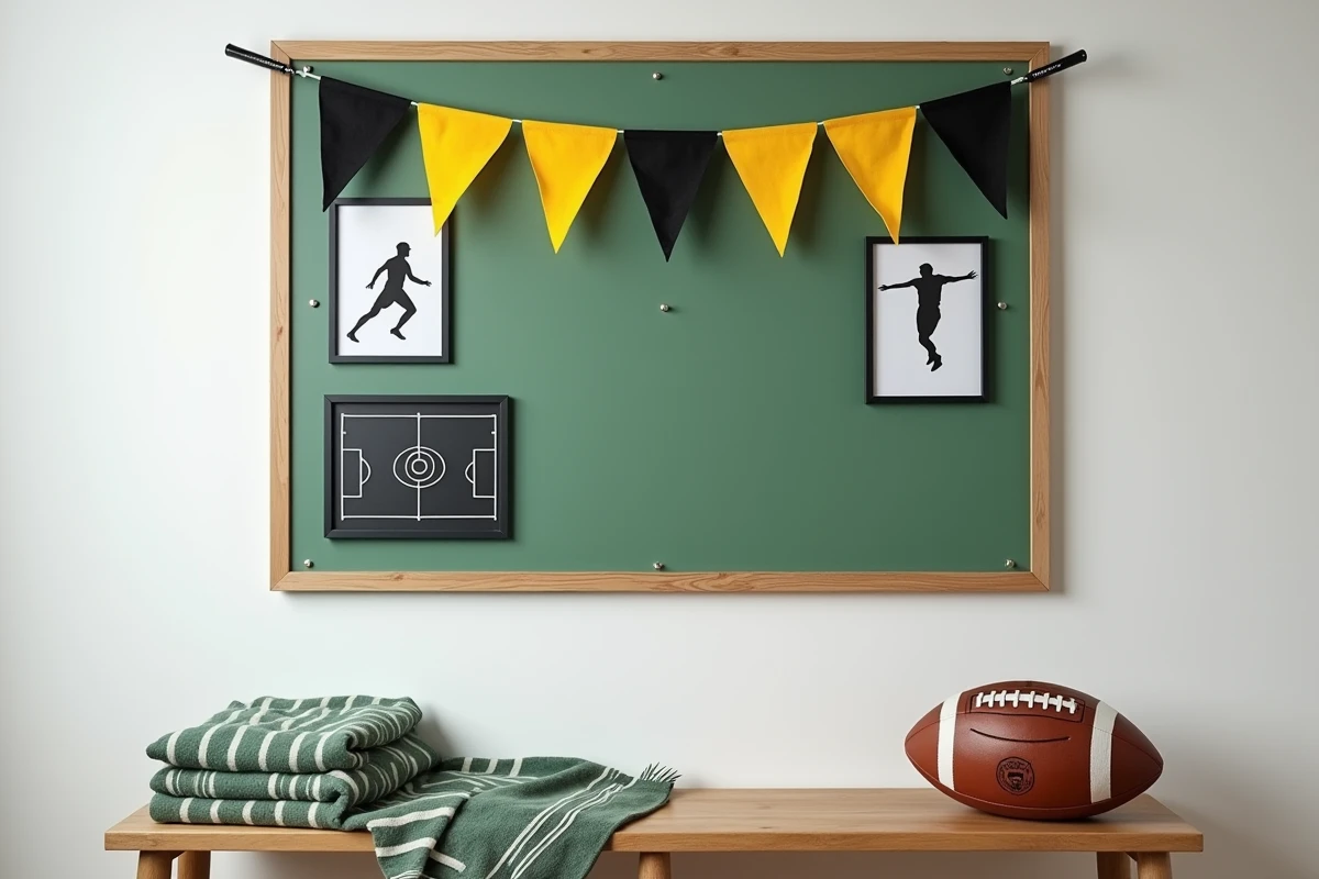Mur de décoration football DIY pour chambre d'enfant avec tableau à crochets vert, fanions en feutrine et posters de joueurs encadrés