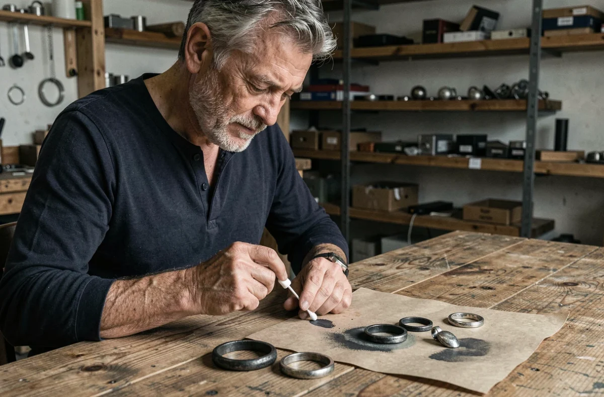 Homme utilisant du dentifrice pour nettoyer des bijoux en argent terni sur un établi en bois